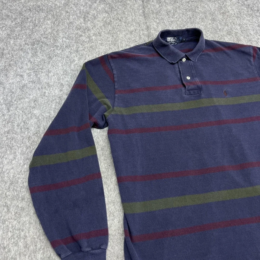 Vintage Polo Ralph Lauren Polo Shirt Mens L Purple Stripe Long Sleeve Rugby USA